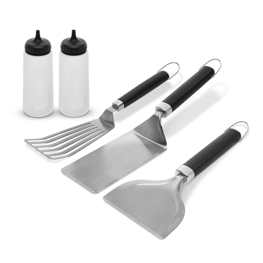 Weber Griddle Essentials Set (5 Piece) | BBQs Accessories NZ | Weber NZ | Accessories,BBQ griddle accessories,BBQ Tools,dishwasher safe griddle tools,griddle scraper,griddle spatula,squeeze bottles,stainless steel BBQ tools,Weber griddle set | Outdoor Concepts