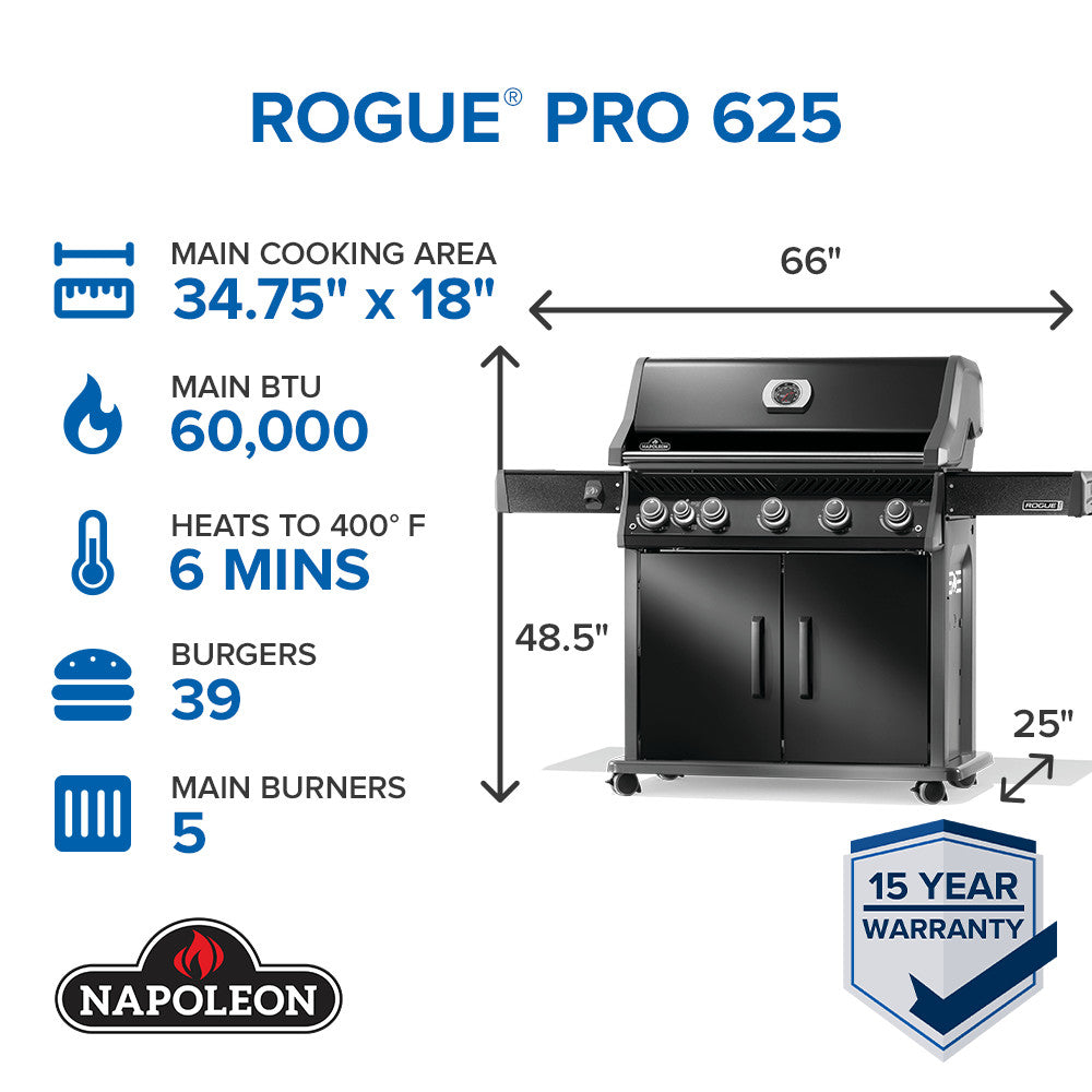 Napoleon Rogue PRO 625 SIB Black Gas Grill | Gas BBQs NZ | Napoleon NZ | Gas BBQ,infrared side burner grill,Napoleon gas grill,Napoleon Rogue PRO 625,porcelainized cast iron grill,propane gas grill | Outdoor Concepts