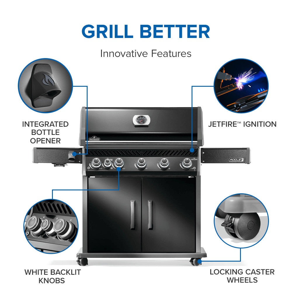 Napoleon Rogue PRO 625 SIB Black Gas Grill | Gas BBQs NZ | Napoleon NZ | Gas BBQ,infrared side burner grill,Napoleon gas grill,Napoleon Rogue PRO 625,porcelainized cast iron grill,propane gas grill | Outdoor Concepts
