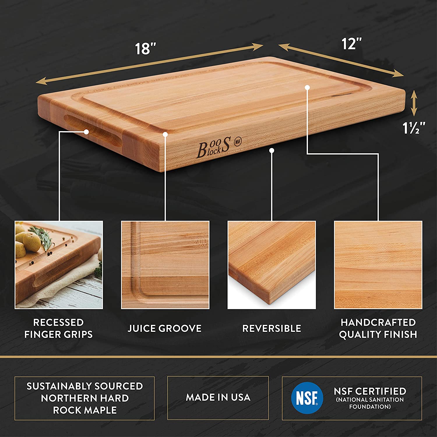 Boos Block Reversible Maple Wood Edge Grain BBQ Cutting Board with Juice Groove - 46cm x 31cm | Cutting Boards NZ | John Boos & Co. NZ | Accessories,BBQ Accessories,Cutting Board | Outdoor Concepts